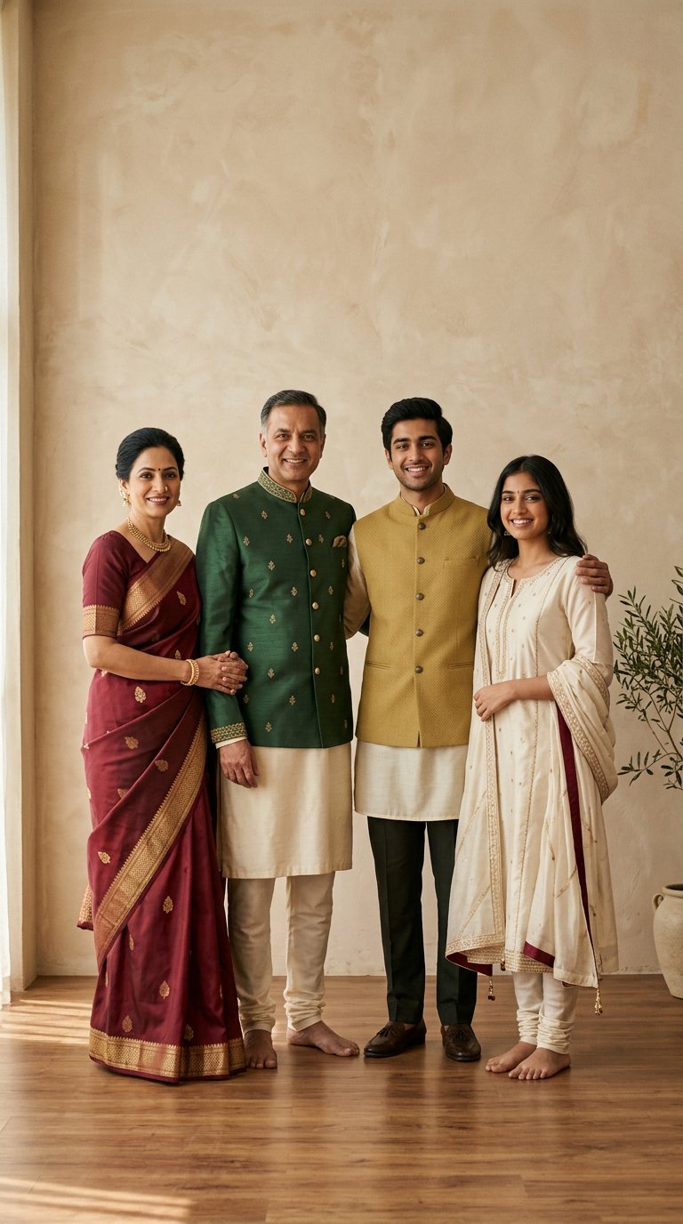 A family wearing elegant Indian clothing